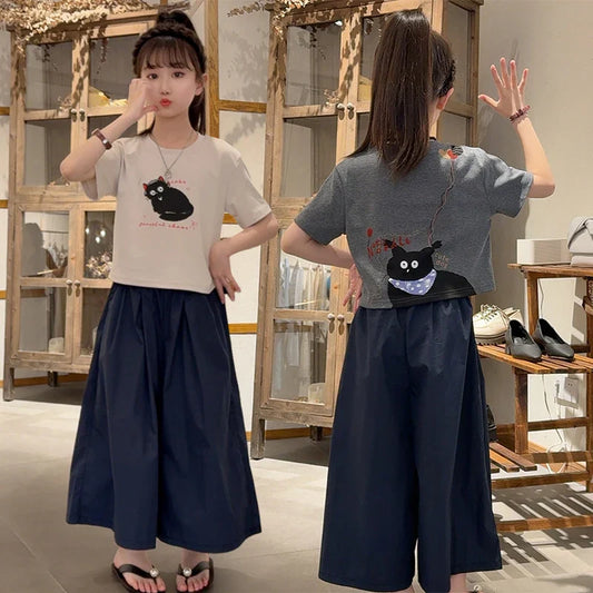 Girls Clothing Set Cartoon Cat Print T-shirt+Straight Through Pants 2Pcs Suit For 2-8 Years Kids Casual Outfit 2025 Summer New