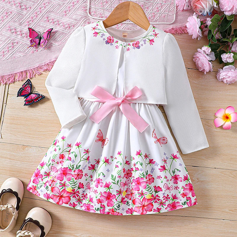 Kids Casual Clothing Sets Outfits for Girls Spring Summer Toddler Floral Print Long Sleeve Coat Tank Dress Children 2 3 4 5 6 7