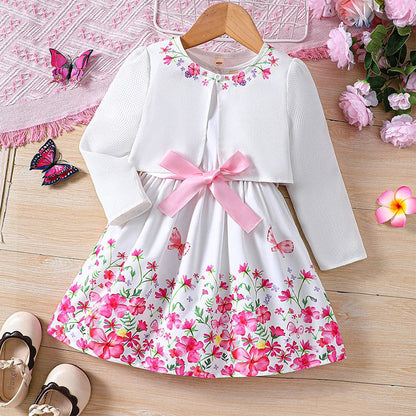 Kids Casual Clothing Sets Outfits for Girls Spring Summer Toddler Floral Print Long Sleeve Coat Tank Dress Children 2 3 4 5 6 7