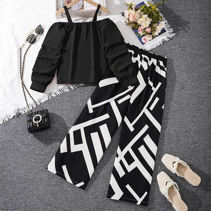 Kids Clothing Sets For Girls Khaki Off-shoulder Long sleeve Top & Stripe Printing Pants Summer Resort Style Children Suits OOTD