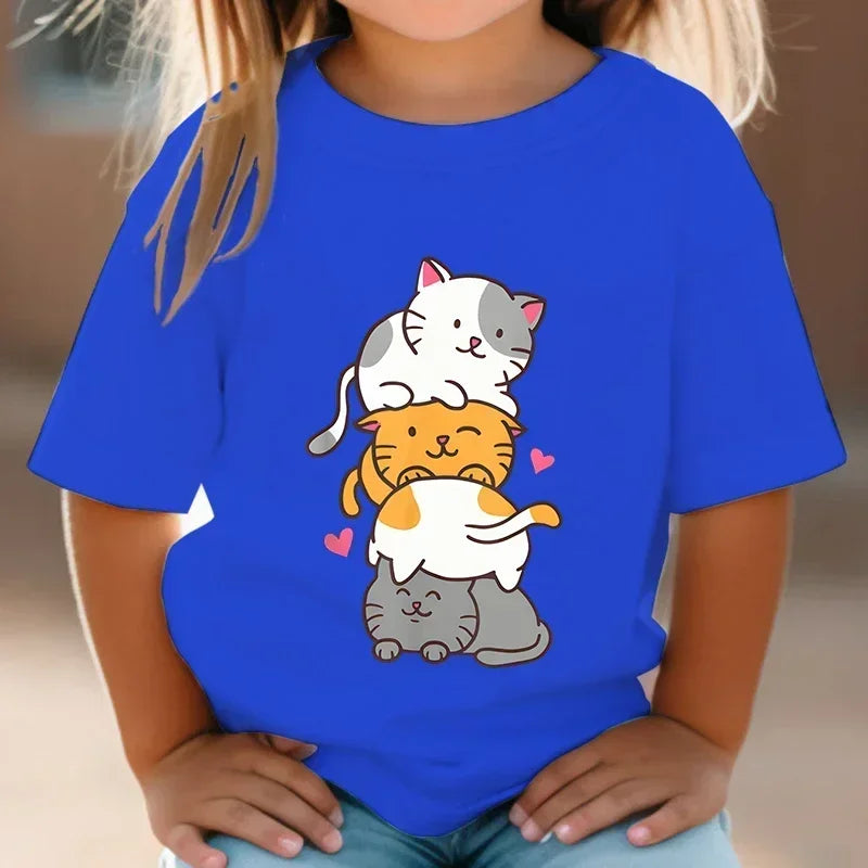 Cute Cat Graphic Kids Tshirts Summer Short Sleeve Tees Cartoon Animal Boys Girls Clothes Kawaii Kitten Tops Y2K Children T-shirt