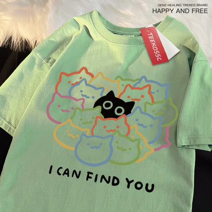 I Can Find You Fun Cat Print Tshirt Men Women Fashion Oversize T-Shirt Summer 100% Cotton Tee Clothing Loose Fashion Casual Tops