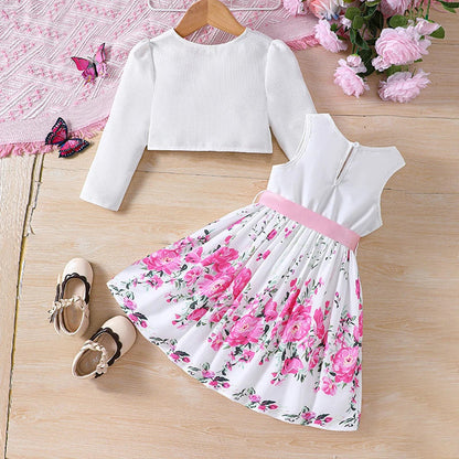 Kids Casual Clothing Sets Outfits for Girls Spring Summer Toddler Floral Print Long Sleeve Coat Tank Dress Children 2 3 4 5 6 7