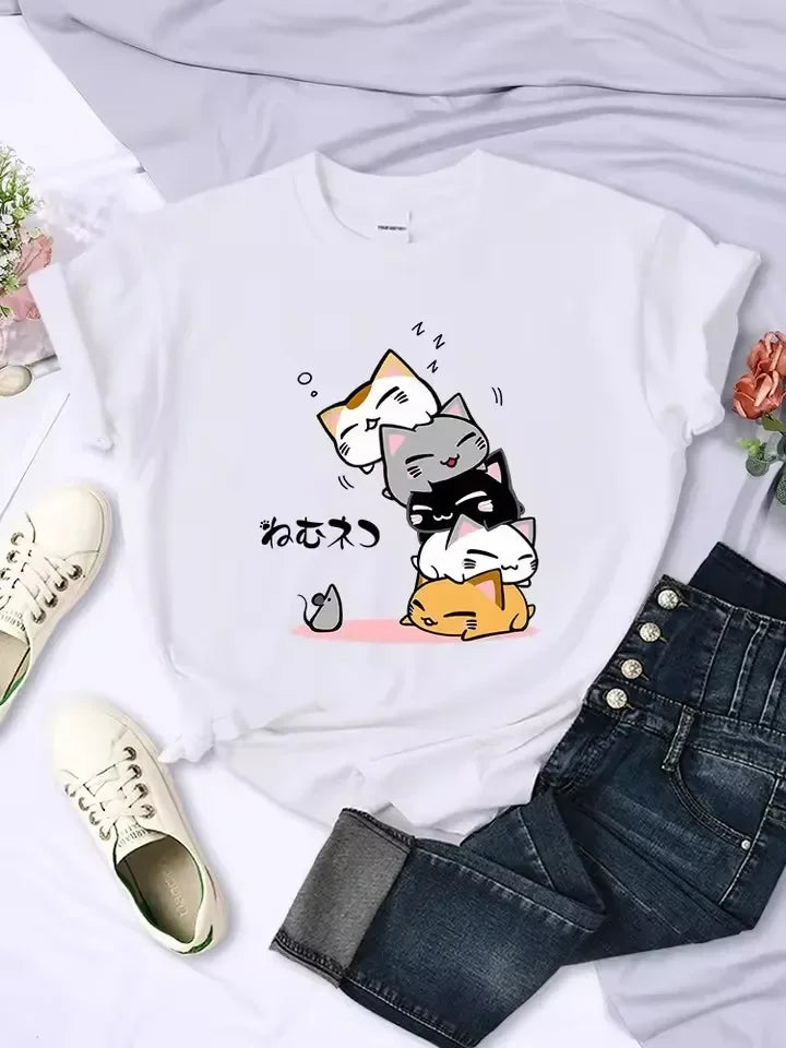 Cute Cat Graphic Kids Tshirts Summer Short Sleeve Tees Cartoon Animal Boys Girls Clothes Kawaii Kitten Tops Y2K Children T-shirt