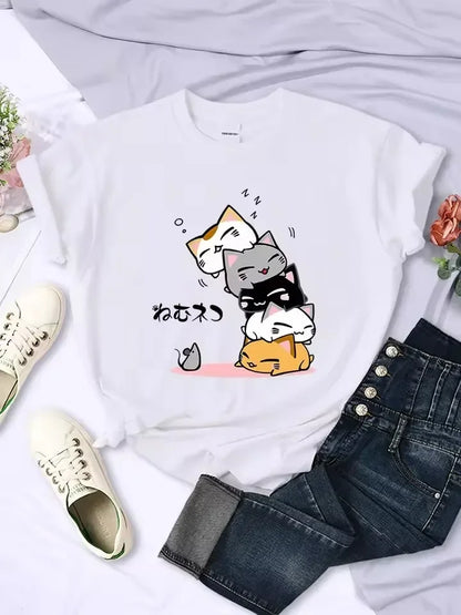 Cute Cat Graphic Kids Tshirts Summer Short Sleeve Tees Cartoon Animal Boys Girls Clothes Kawaii Kitten Tops Y2K Children T-shirt