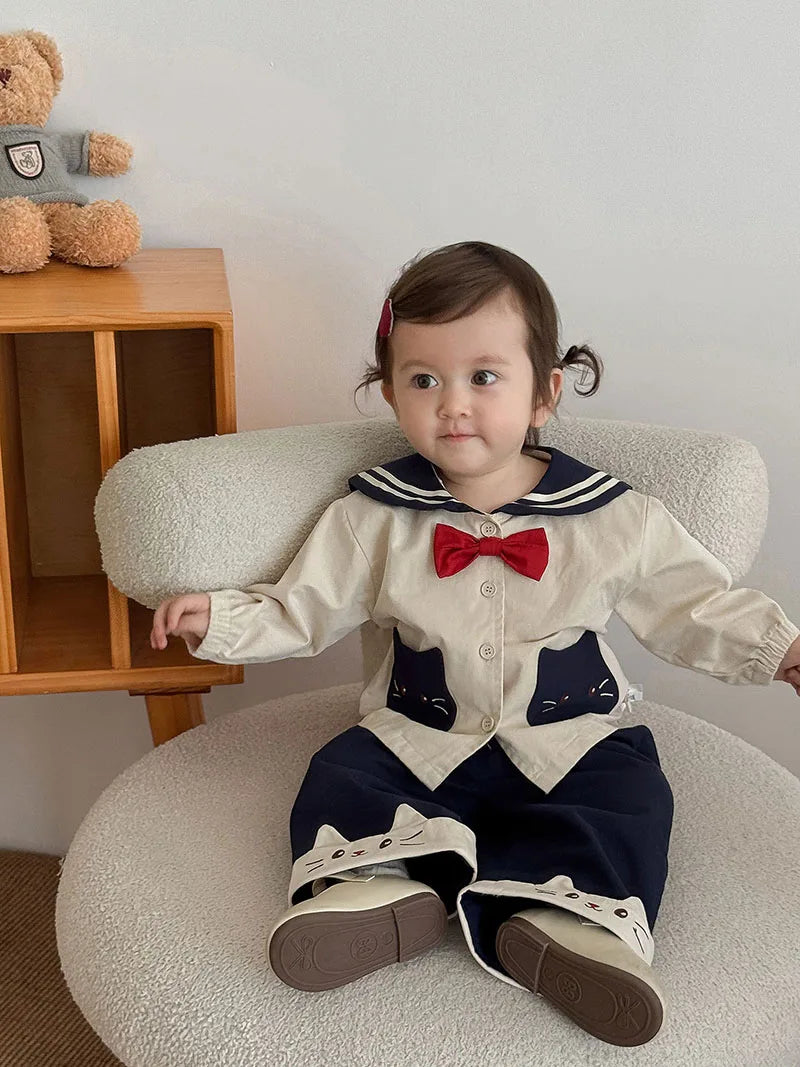 MILANCEL New Autumn Kids Clothes 9M-5T Sweet Cartoon Cat Girls Navy Style Coat +Wide Leg Pants Loose Korean Children Outfit 2PCS