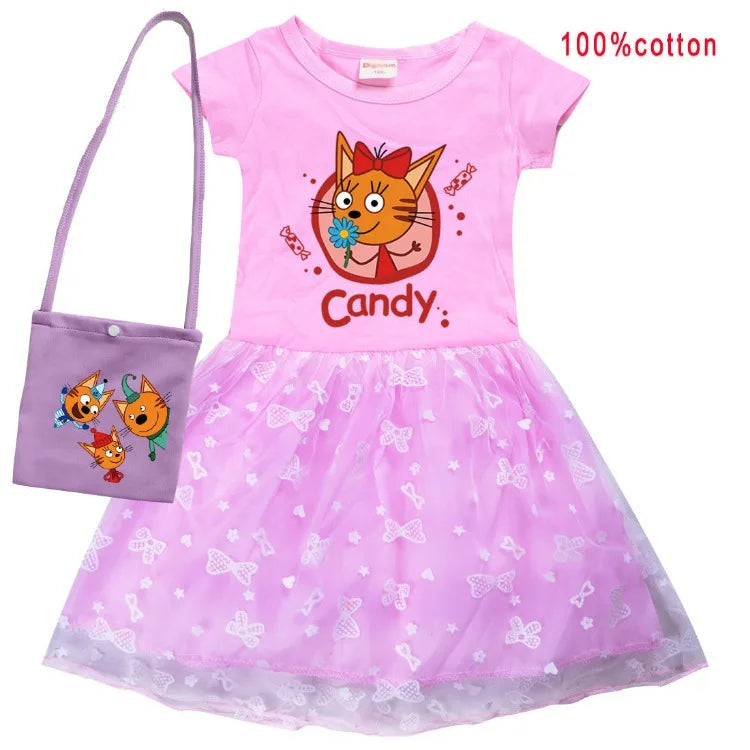 Kid-e-cats Clothes Kids Three Kitten Russian Cartoon Clothing Baby Girl Halloween Costume Dresses Children Princess Vestidos Bag