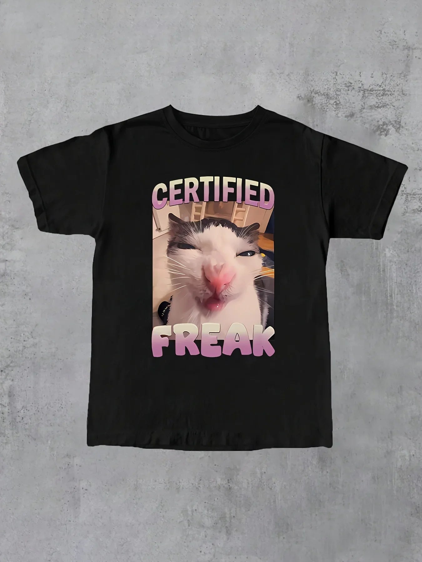 Men's Funny Cat Print T-shirt Casual Style "certified Freak" Print Unisex Tee Breathable Comfortable Street Hip Hop Men's Wear