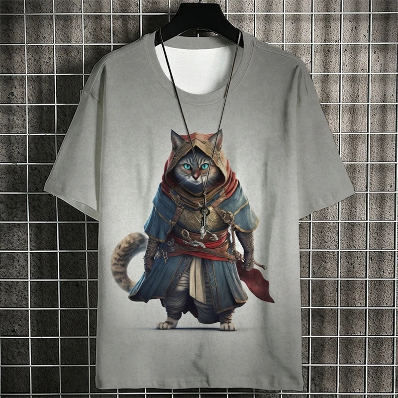 Fashion Warrior Cat Graphic T Shirts For Men Trend Summer Crew Neck 3D Cat Printed Kids T-shirts Cool Streetwear Harajuku Tees