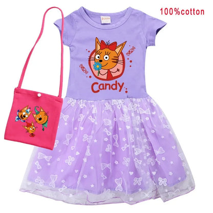 Kid-e-cats Clothes Kids Three Kitten Russian Cartoon Clothing Baby Girl Halloween Costume Dresses Children Princess Vestidos Bag
