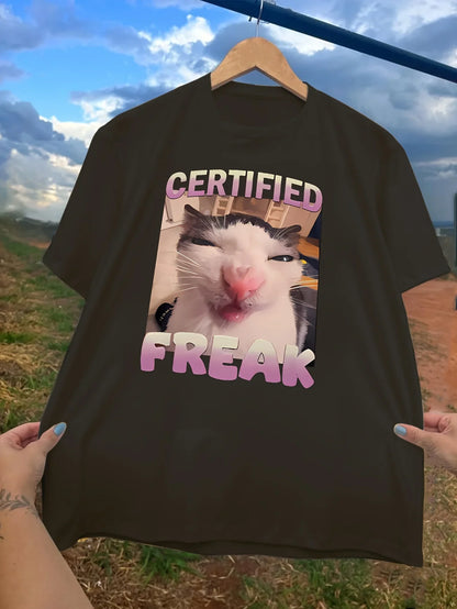 Men's Funny Cat Print T-shirt Casual Style "certified Freak" Print Unisex Tee Breathable Comfortable Street Hip Hop Men's Wear
