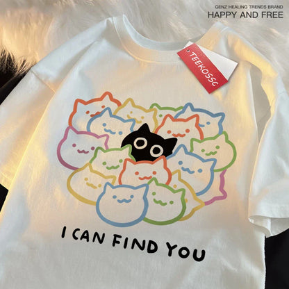 I Can Find You Fun Cat Print Tshirt Men Women Fashion Oversize T-Shirt Summer 100% Cotton Tee Clothing Loose Fashion Casual Tops