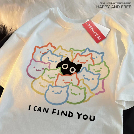 I Can Find You Fun Cat Print Tshirt Men Women Fashion Oversize T-Shirt Summer 100% Cotton Tee Clothing Loose Fashion Casual Tops