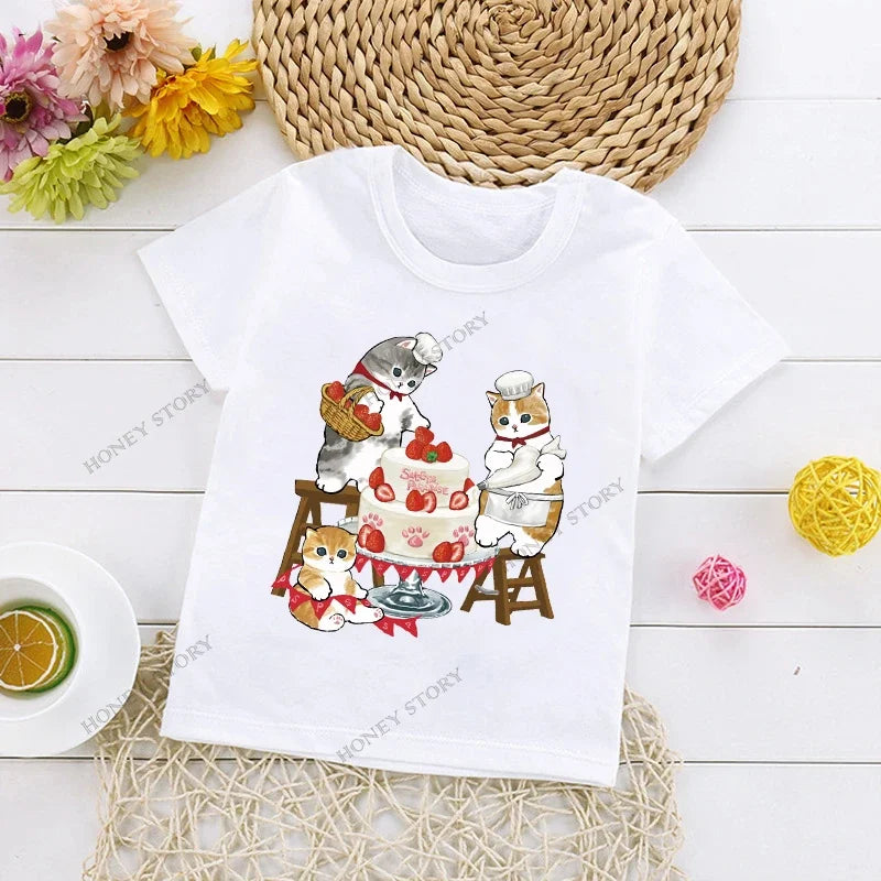 Cats Kids T Shirt Personalized Cartoon Cat Print Fashion Children's T-shirt Short Sleeve Children's Summer Boys Clothes Tops Tee