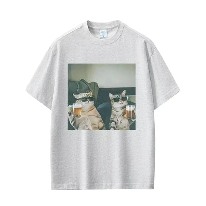 Fun cat beer T-shirt for men 100% cotton casual T-shirt retro short-sleeved fashionable round-neck T-shirt