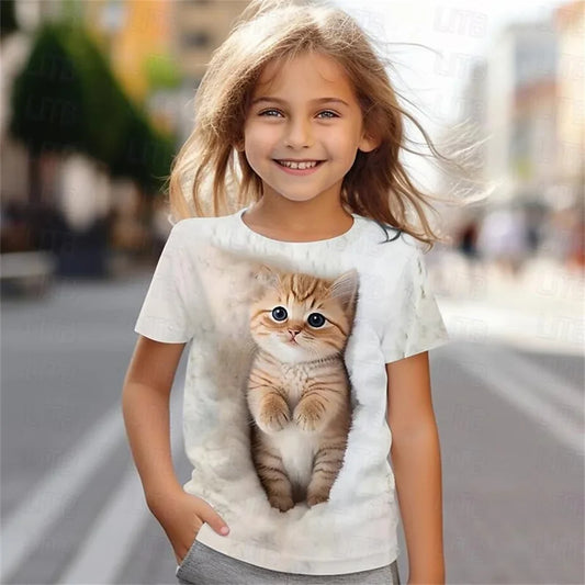 Cute cat 3D printed fun children's clothing baby girl T-shirt summer casual short sleeved cool girl T-shirt lightweight breathab