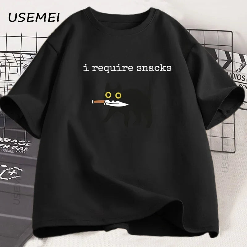 I Require Snacks T-Shirt Men Funny Black Cat Tshirt Cat Mom Cotton Short Sleeve Round Neck Tees Streetwear Man Clothes Tops