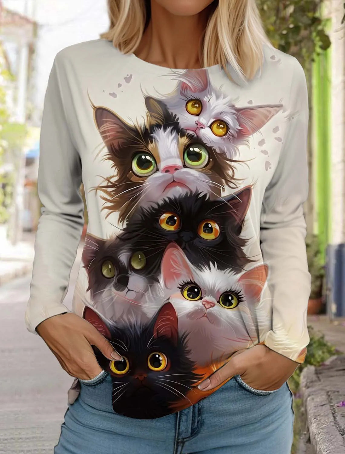 Women's Cute Cat Long Sleeves T-Shirt Round Neck Long Sleeved Autumn Animal Clothing Holiday Gift Clothing Fashion Party T-Shirt