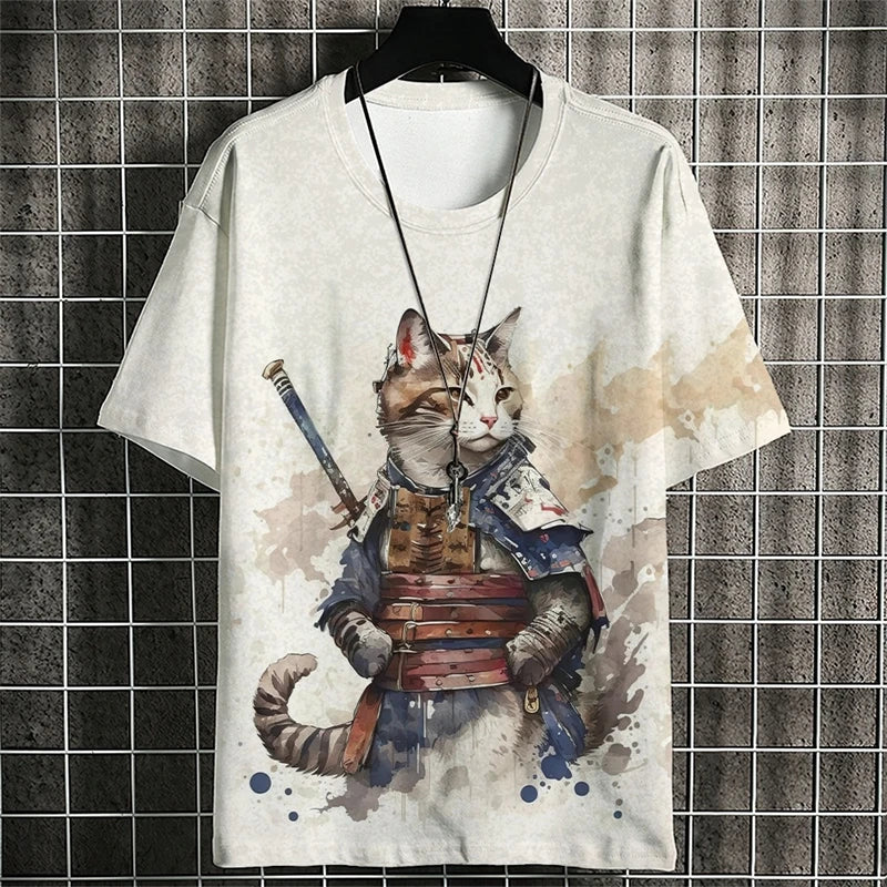 Fashion Warrior Cat Graphic T Shirts For Men Trend Summer Crew Neck 3D Cat Printed Kids T-shirts Cool Streetwear Harajuku Tees