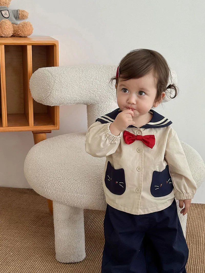 MILANCEL New Autumn Kids Clothes 9M-5T Sweet Cartoon Cat Girls Navy Style Coat +Wide Leg Pants Loose Korean Children Outfit 2PCS