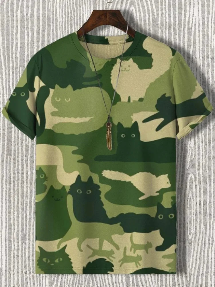 Men's Camo Cat Art Print T-Shirt Fashion Streetwear Short Sleeve Tees Summer 2025 Harajuku Oversized Crew Neck Tops Tunics