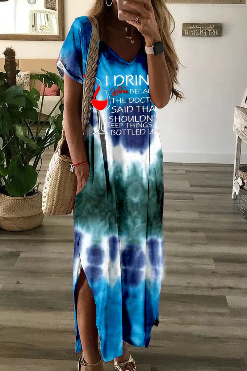 Women's Clothing Cat Short Sleeved Dress V Neck Lower Fork Swing Side Pockets