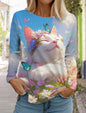 Women's Cute Cat Long Sleeves T-Shirt Round Neck Long Sleeved Autumn Animal Clothing Holiday Gift Clothing Fashion Party T-Shirt