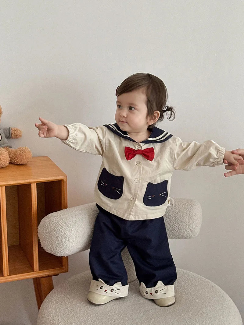 MILANCEL New Autumn Kids Clothes 9M-5T Sweet Cartoon Cat Girls Navy Style Coat +Wide Leg Pants Loose Korean Children Outfit 2PCS