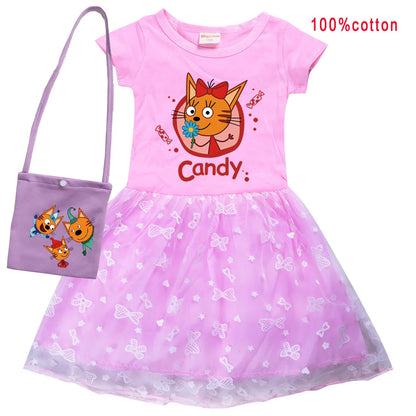 Kid-e-cats Clothes Kids Three Kitten Russian Cartoon Clothing Baby Girl Halloween Costume Dresses Children Princess Vestidos Bag