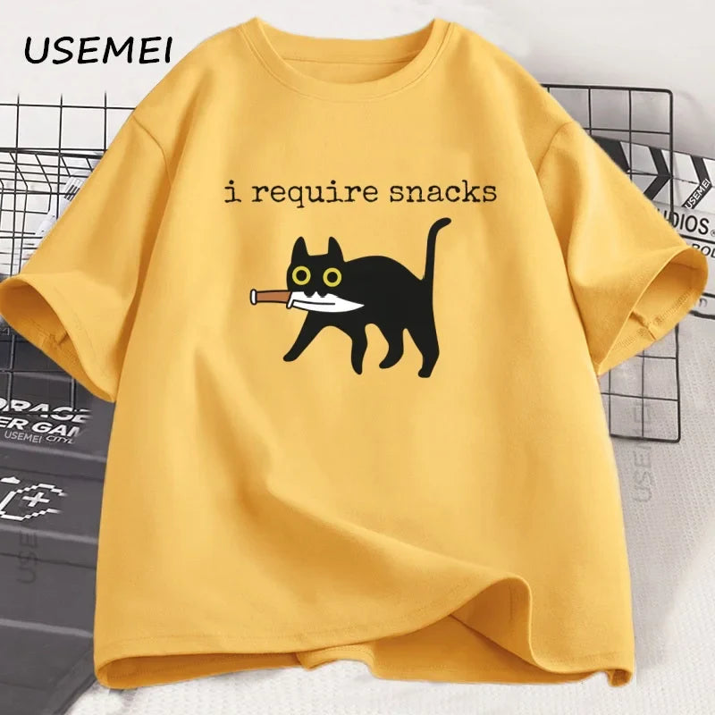 I Require Snacks T-Shirt Men Funny Black Cat Tshirt Cat Mom Cotton Short Sleeve Round Neck Tees Streetwear Man Clothes Tops