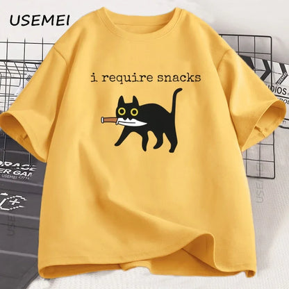 I Require Snacks T-Shirt Men Funny Black Cat Tshirt Cat Mom Cotton Short Sleeve Round Neck Tees Streetwear Man Clothes Tops