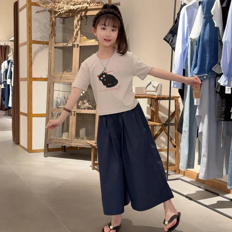Girls Clothing Set Cartoon Cat Print T-shirt+Straight Through Pants 2Pcs Suit For 2-8 Years Kids Casual Outfit 2025 Summer New