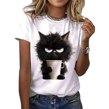 Funny Cat Women Summer White Print T-shirt Girl Casual Harajuku Short Sleeve O Neck Top for Summer Female Animal Clothing Tees