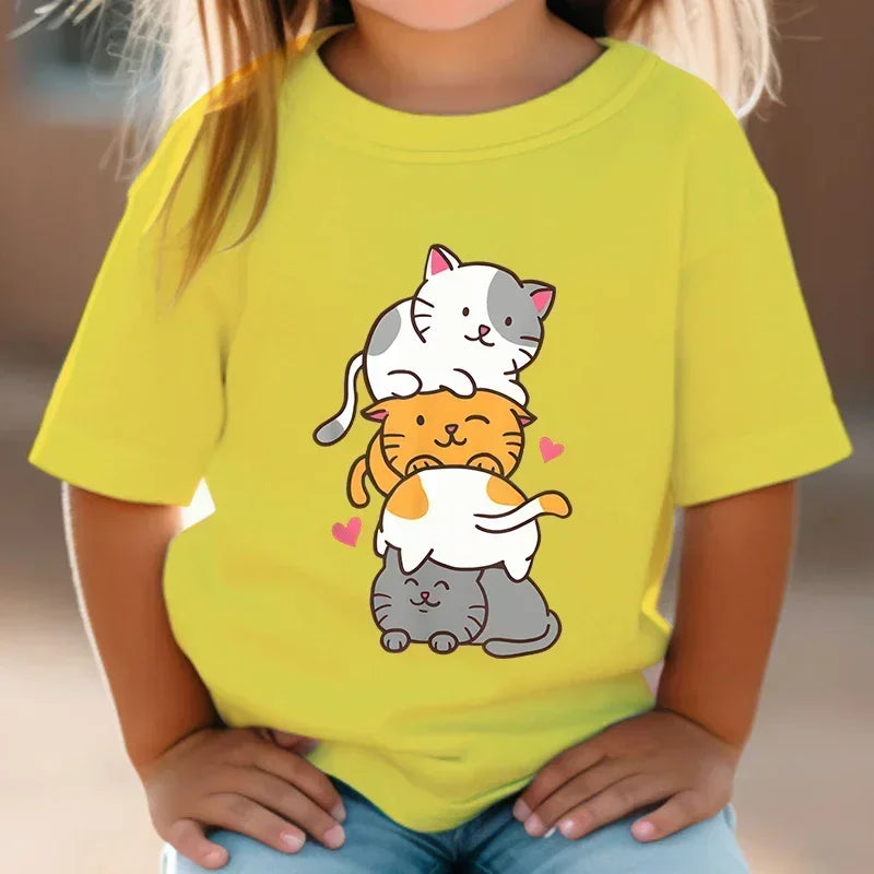 Cute Cat Graphic Kids Tshirts Summer Short Sleeve Tees Cartoon Animal Boys Girls Clothes Kawaii Kitten Tops Y2K Children T-shirt