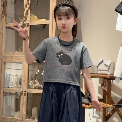 Girls Clothing Set Cartoon Cat Print T-shirt+Straight Through Pants 2Pcs Suit For 2-8 Years Kids Casual Outfit 2025 Summer New