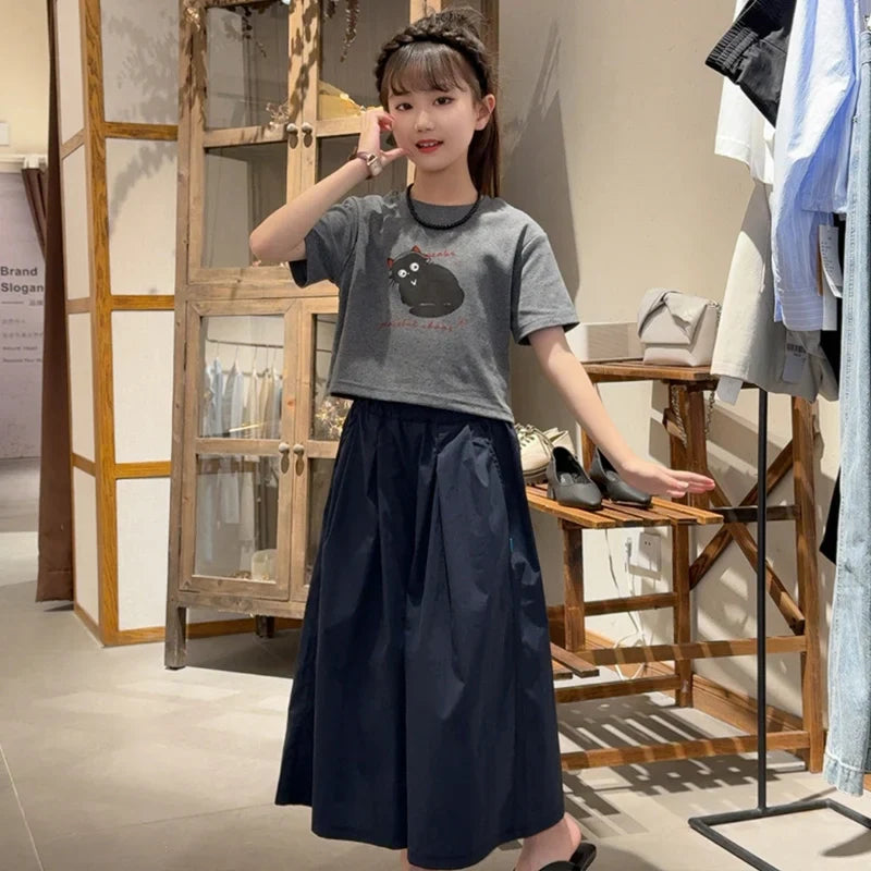 Girls Clothing Set Cartoon Cat Print T-shirt+Straight Through Pants 2Pcs Suit For 2-8 Years Kids Casual Outfit 2025 Summer New