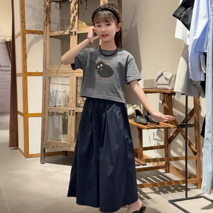 Girls Clothing Set Cartoon Cat Print T-shirt+Straight Through Pants 2Pcs Suit For 2-8 Years Kids Casual Outfit 2025 Summer New