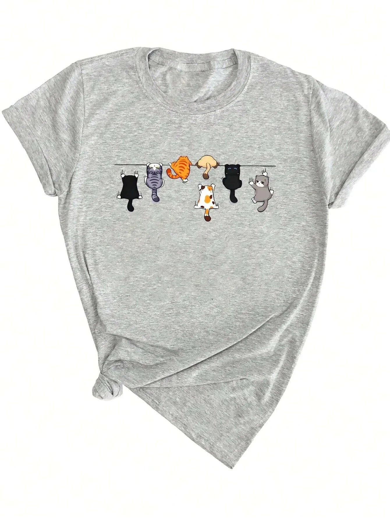 Women's Cute Cat Print Round Neck Short Sleeve Casual T-Shirt White Short Sleeve with Unique Cat Print Clothing Tee Female Tops