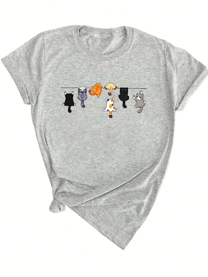 Women's Cute Cat Print Round Neck Short Sleeve Casual T-Shirt White Short Sleeve with Unique Cat Print Clothing Tee Female Tops