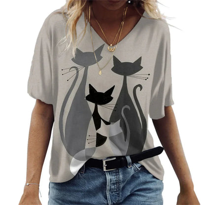 Cartoon Anime Cat Women's T-Shirts Fashion Top Tee 3d T-Shirt Harajuku Casual Short Sleeve V-Neck Oversized Female Clothing