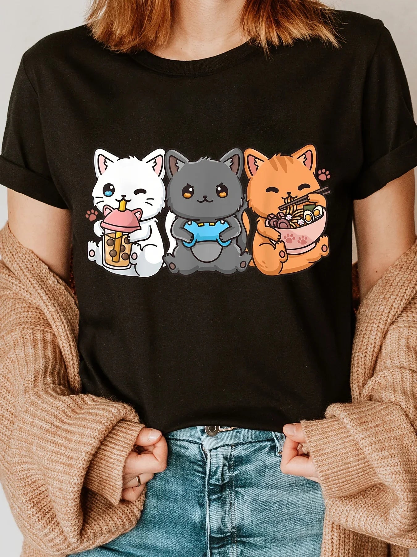 Women's Clothing Plus Size Shirt Tops Camisetas Mujer Cat Print Crew Neck T-shirt Short Sleeve Casual Top for Summer & Spring