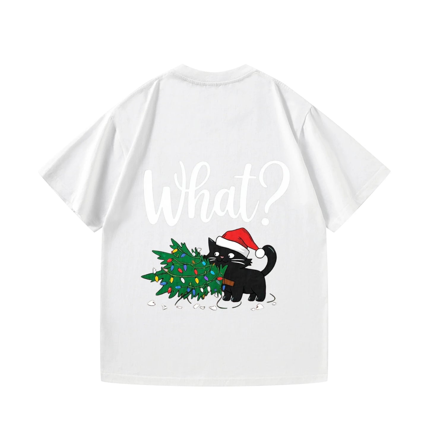 Men's T-Shirt Black Cat with Christmas Tree & What? Print Xmas Party Gift Idea Festive Season Top