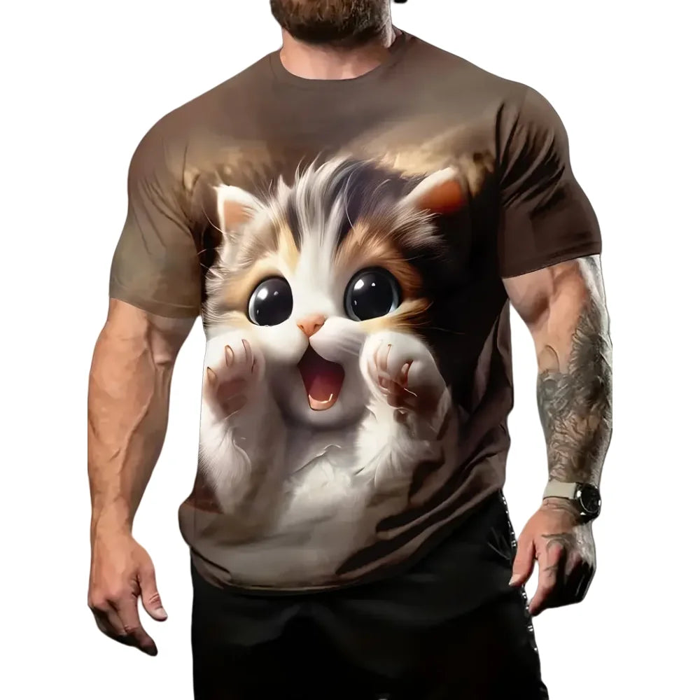 Men's T-Shirt Funny Cat Pattern Cool Printed Men's Short Sleeve Fashion O-Neck T-Shirt Outdoor Casual Lightweight Men's Clothing