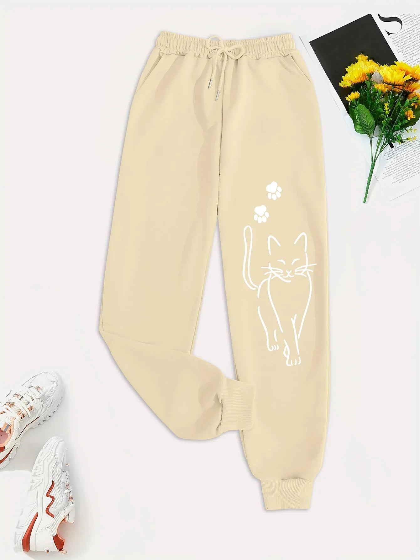 Elegant Cat Print Casual Versatile Women Pants Fashion Trendy Trousers With Drawstring Pockets Comfortable Sweatpants Female