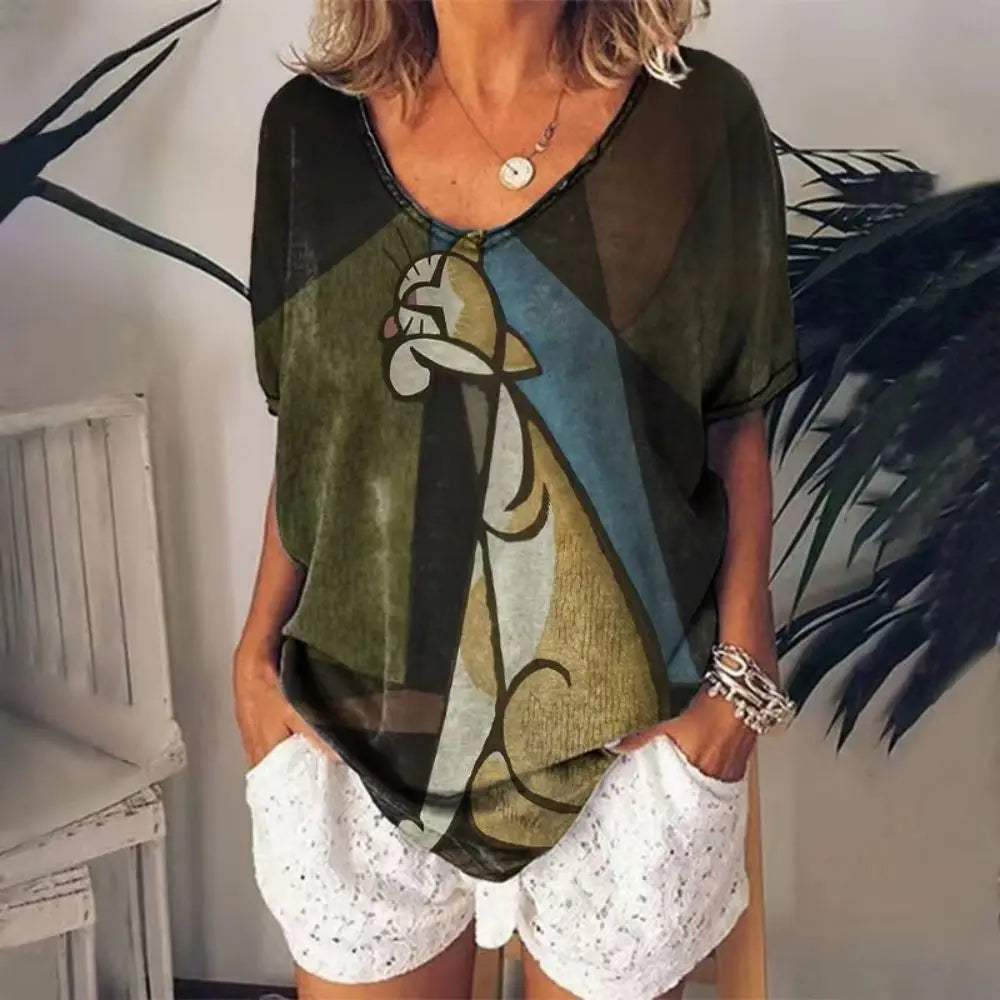 Women's T-shirt Cartoon Cat Print Summer Short Sleeve V-Neck Kawaii Fashion Casual Tee Shirts With Cat Funny Femininity Clothing