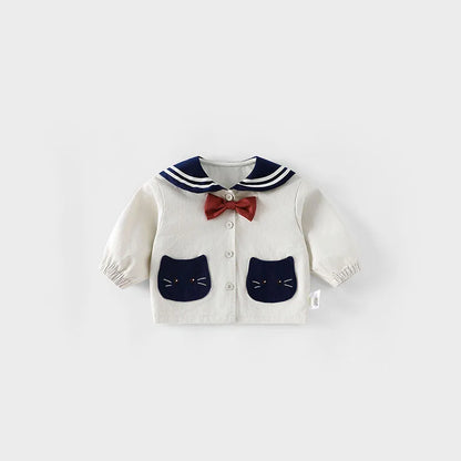 MILANCEL New Autumn Kids Clothes 9M-5T Sweet Cartoon Cat Girls Navy Style Coat +Wide Leg Pants Loose Korean Children Outfit 2PCS