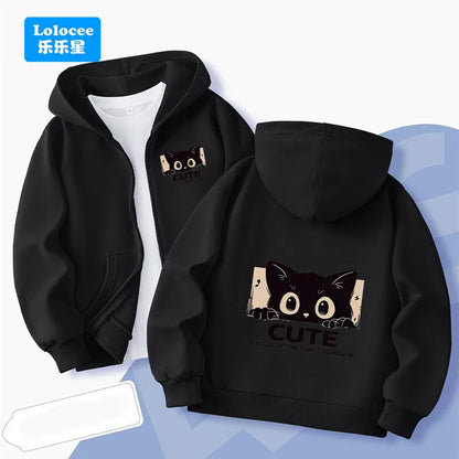Cute Black Cat Print Zip-up Jacket Spring Boys Hooded Sweatshirt Cartoon Zipper Coat Autumn Kids Outdoor Hoodie Clothing MKA1