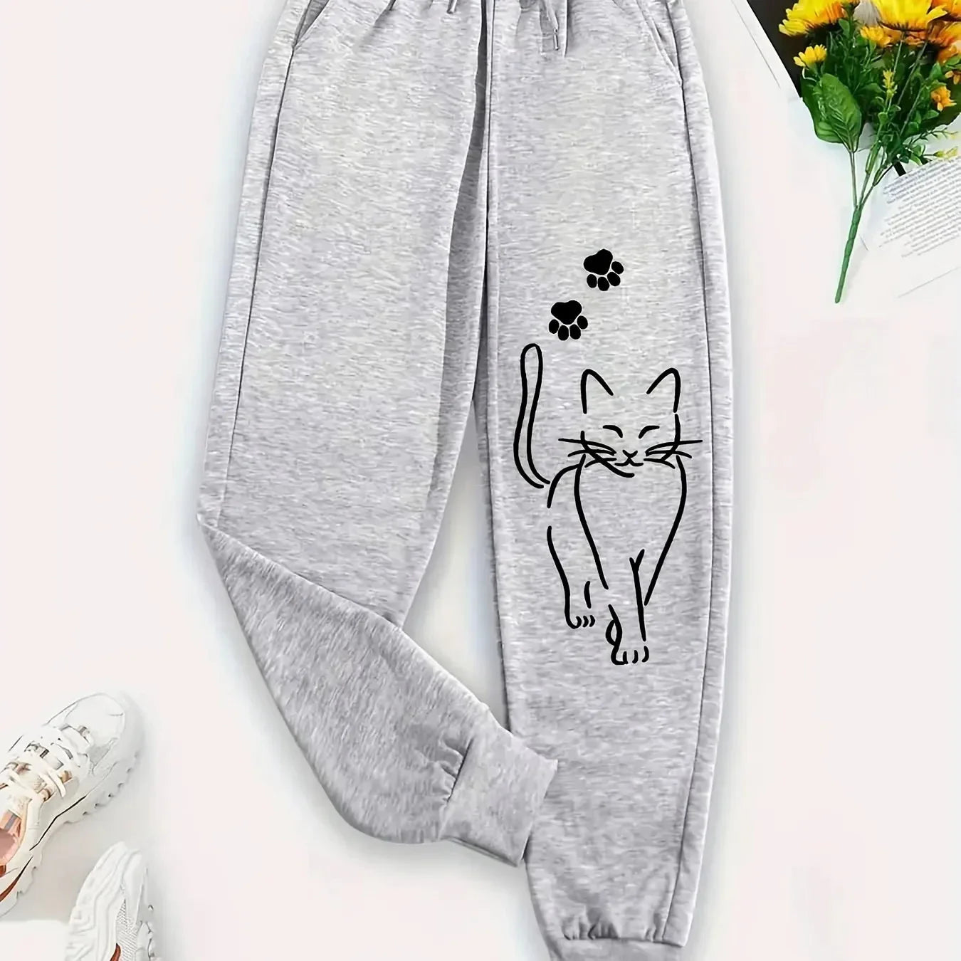 Elegant Cat Print Casual Versatile Women Pants Fashion Trendy Trousers With Drawstring Pockets Comfortable Sweatpants Female
