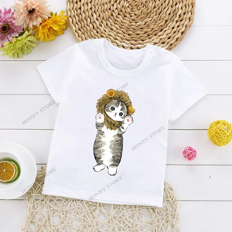 Cats Kids T Shirt Personalized Cartoon Cat Print Fashion Children's T-shirt Short Sleeve Children's Summer Boys Clothes Tops Tee