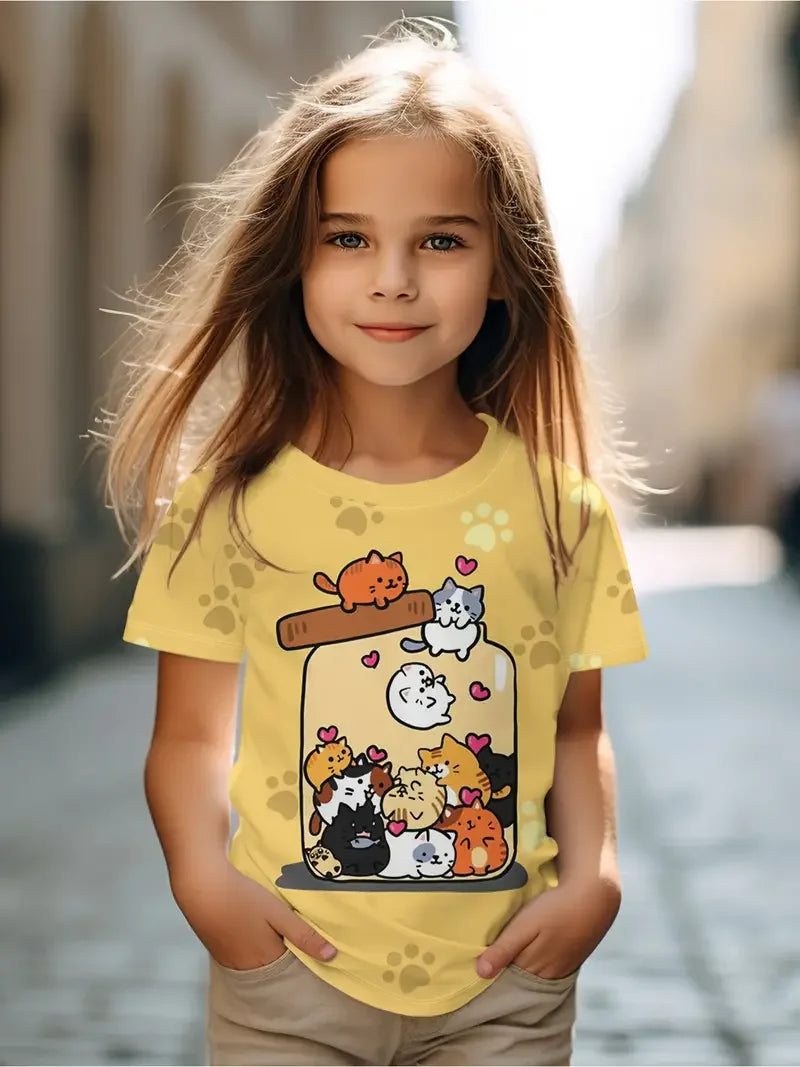 Kids Clothes Children's T-Shirt Girl Short Sleeve Top Cartoon Cat Kawaii Girls Summer Clothes Child T-Shirt  Children's Clothing